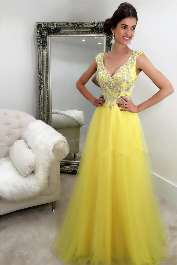Yellow Prom Dresses,v Neck Dress,cap Sleeves Evening Gowns,long Organza